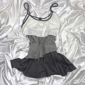 y2k Cami Top White Black Striped Excellent Tiered Ruffle Spaghetti Strap Tank